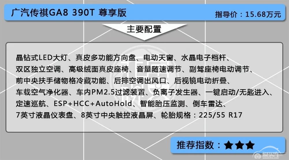 推荐390T尊贵版，广汽传祺全新GA8购车手册