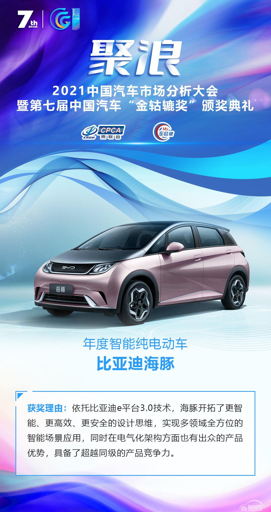 2021第七届中国汽车“金轱辘奖”年度智能纯电动车：比亚迪海豚