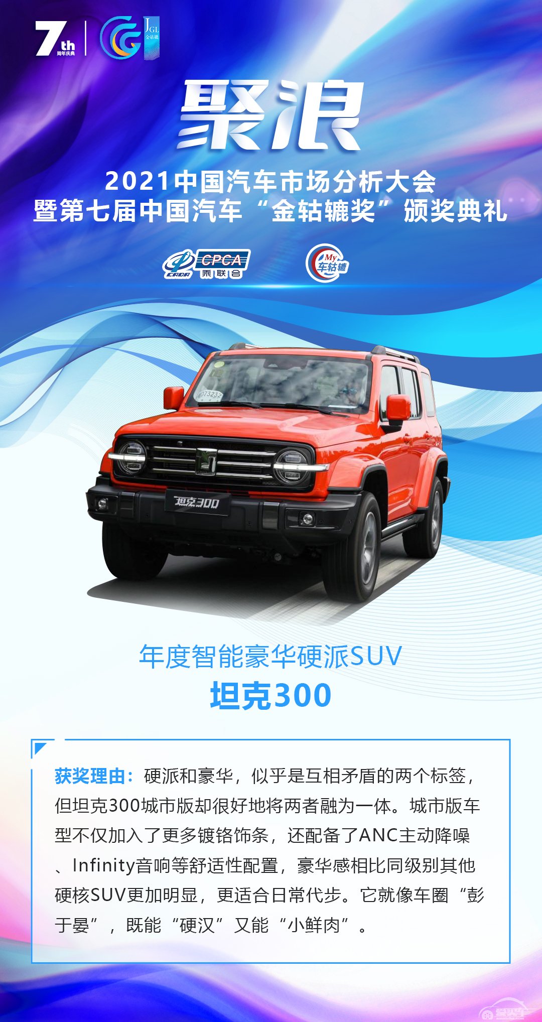 2021第七届中国汽车“金轱辘奖”年度智能豪华硬派SUV：坦克300
