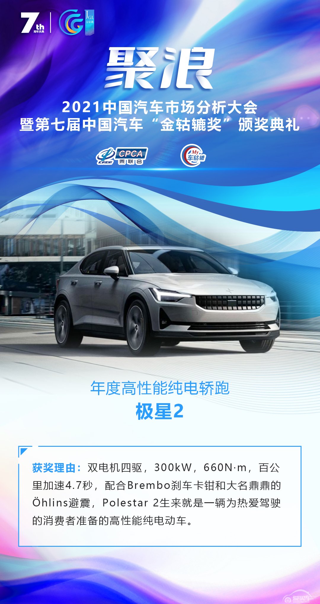 2021第七届中国汽车“金轱辘奖”年度高性能纯电轿跑：极星2