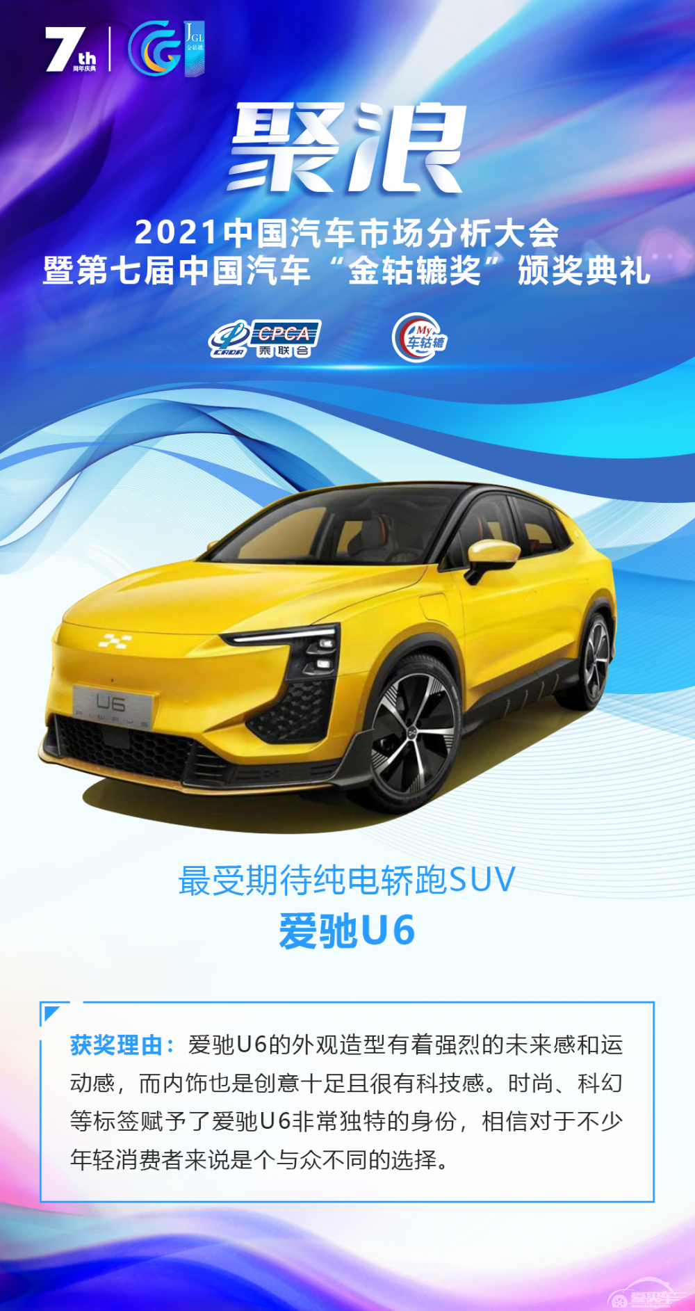 2021第七届中国汽车“金轱辘奖”最受期待纯电轿跑SUV： 爱驰U6