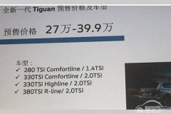  或售27万起 大众全新Tiguan预售价曝光 