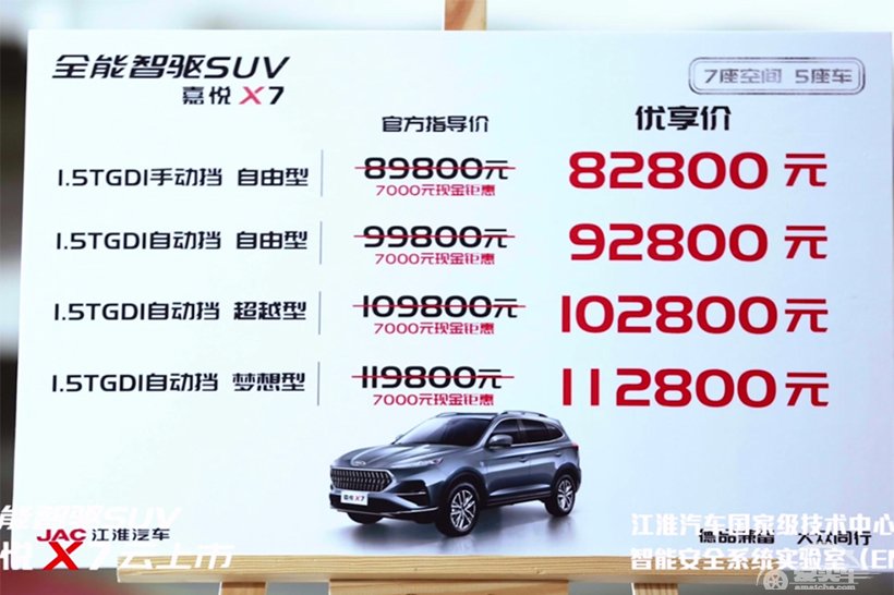 售8.28~11.28万元，江淮嘉悦X7上市
