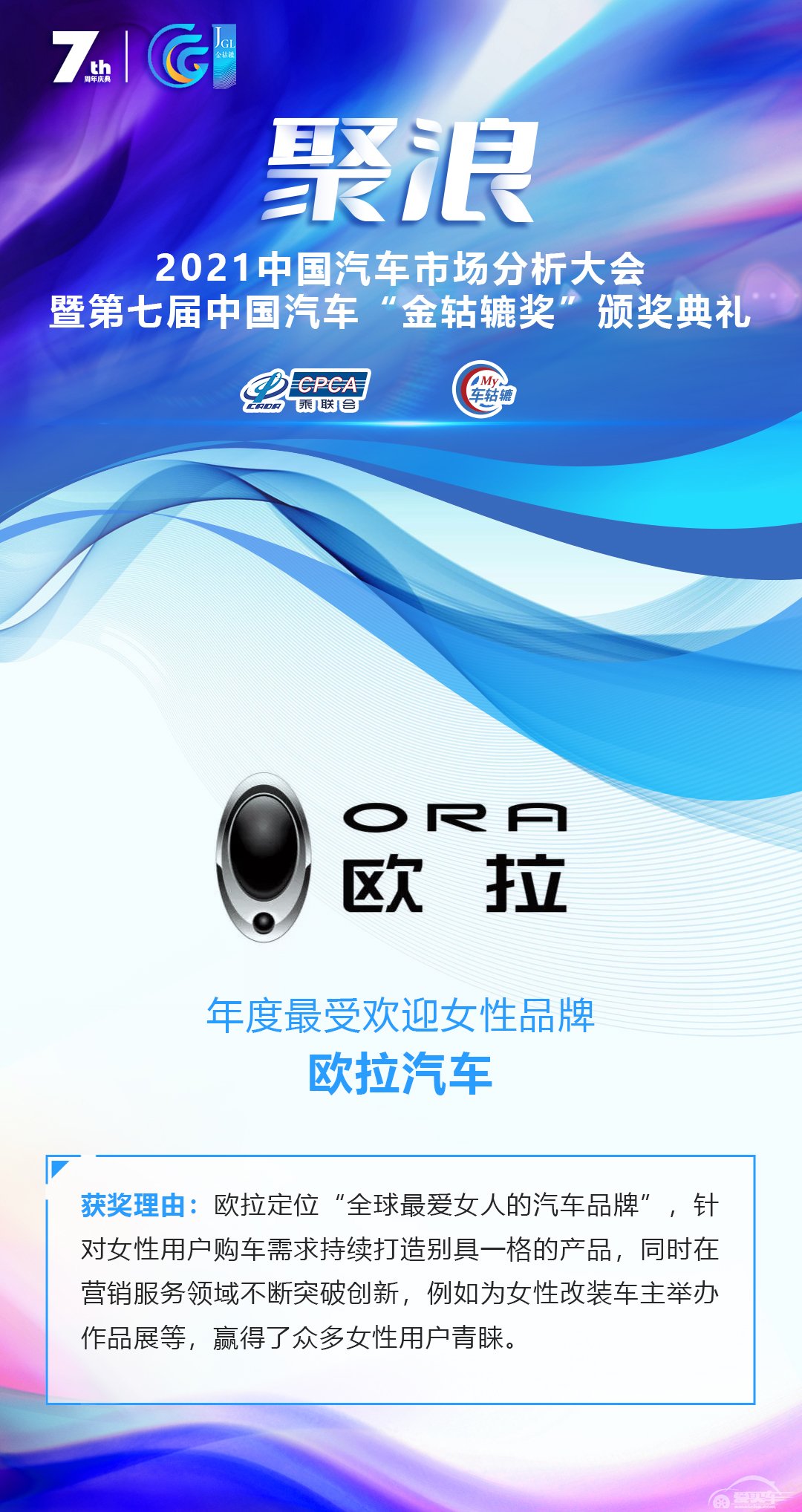 2021第七届中国汽车“金轱辘奖”年度最受欢迎女性品牌：欧拉汽车