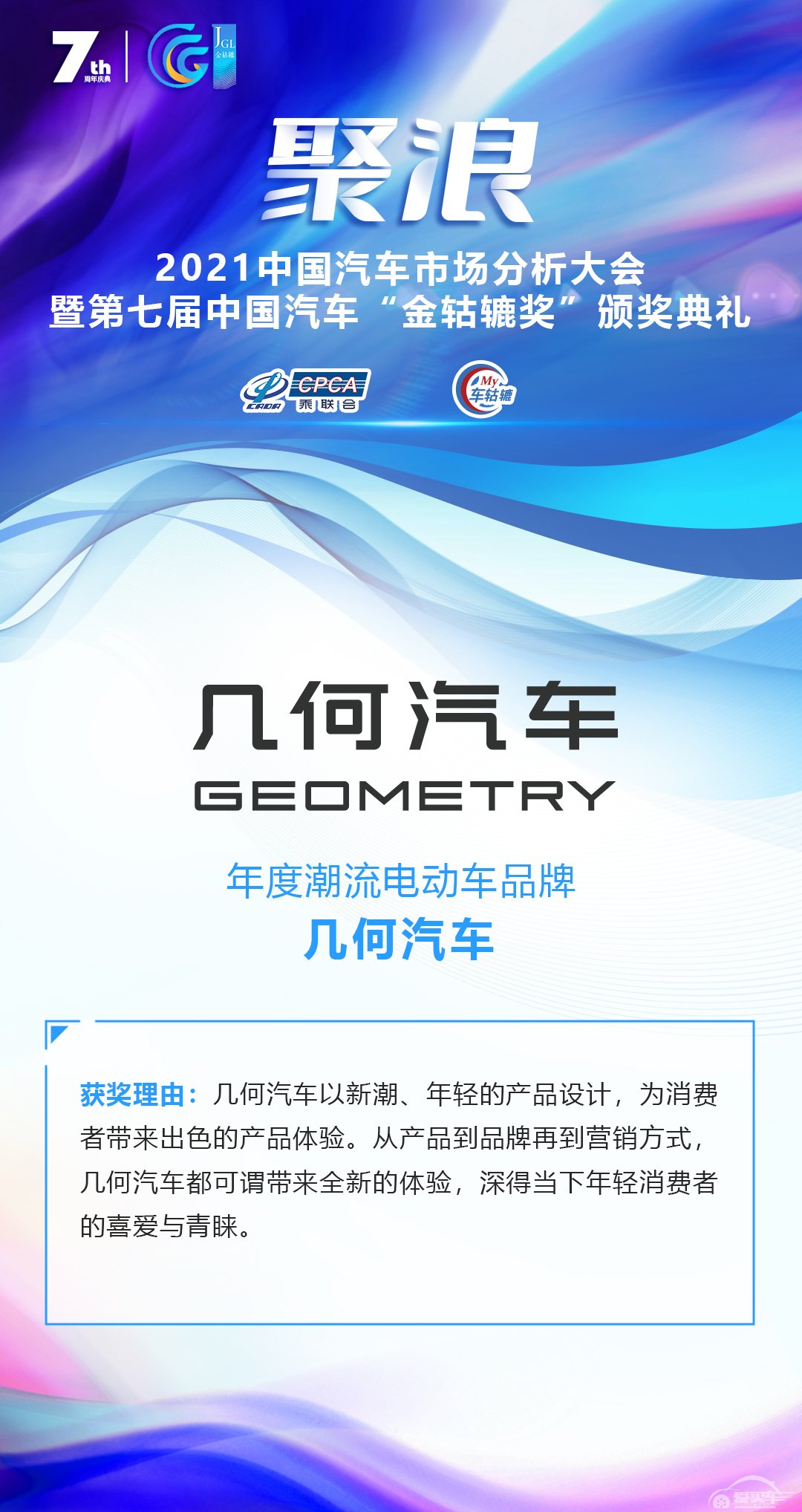  2021第七届中国汽车“金轱辘奖”年度潮流电动车品牌：几何汽车